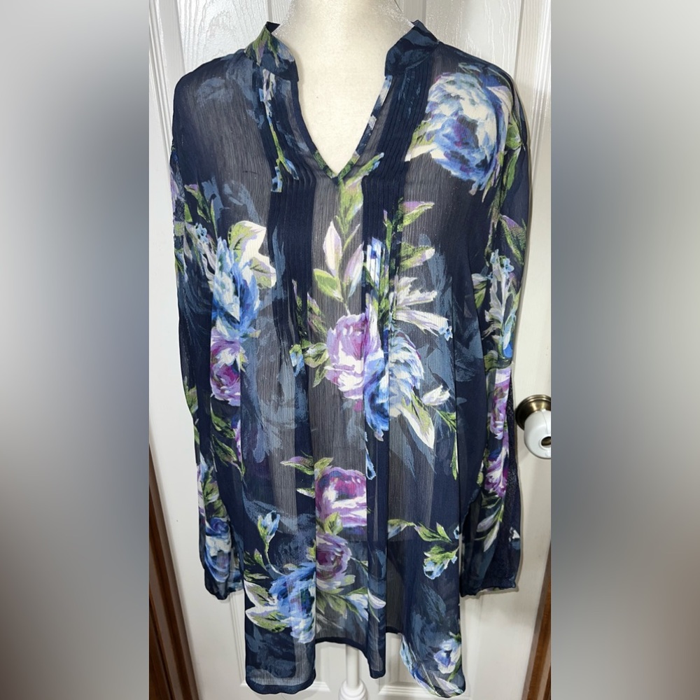 Susan Graver Tunic Blouse Top Semi Sheer Floral Purple/Blue L